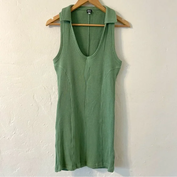 BDG | Dresses | Bdg Ribbed Knit Cotton Dress Plunge Scoop Neckline Collar  Green Sz L | Poshmark